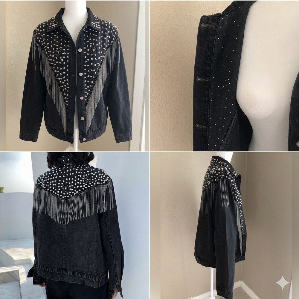 Embellished Rodeo Jean Jacket Studs & Chain Fringe Statement Jacket size XL - Picture 4 of 9
